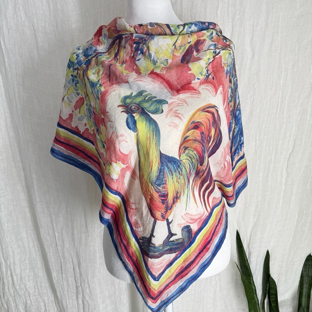 Vintage Brico Silk Scarf Rooster Folk Art Cottage Farm Country Colorful Rare 50s